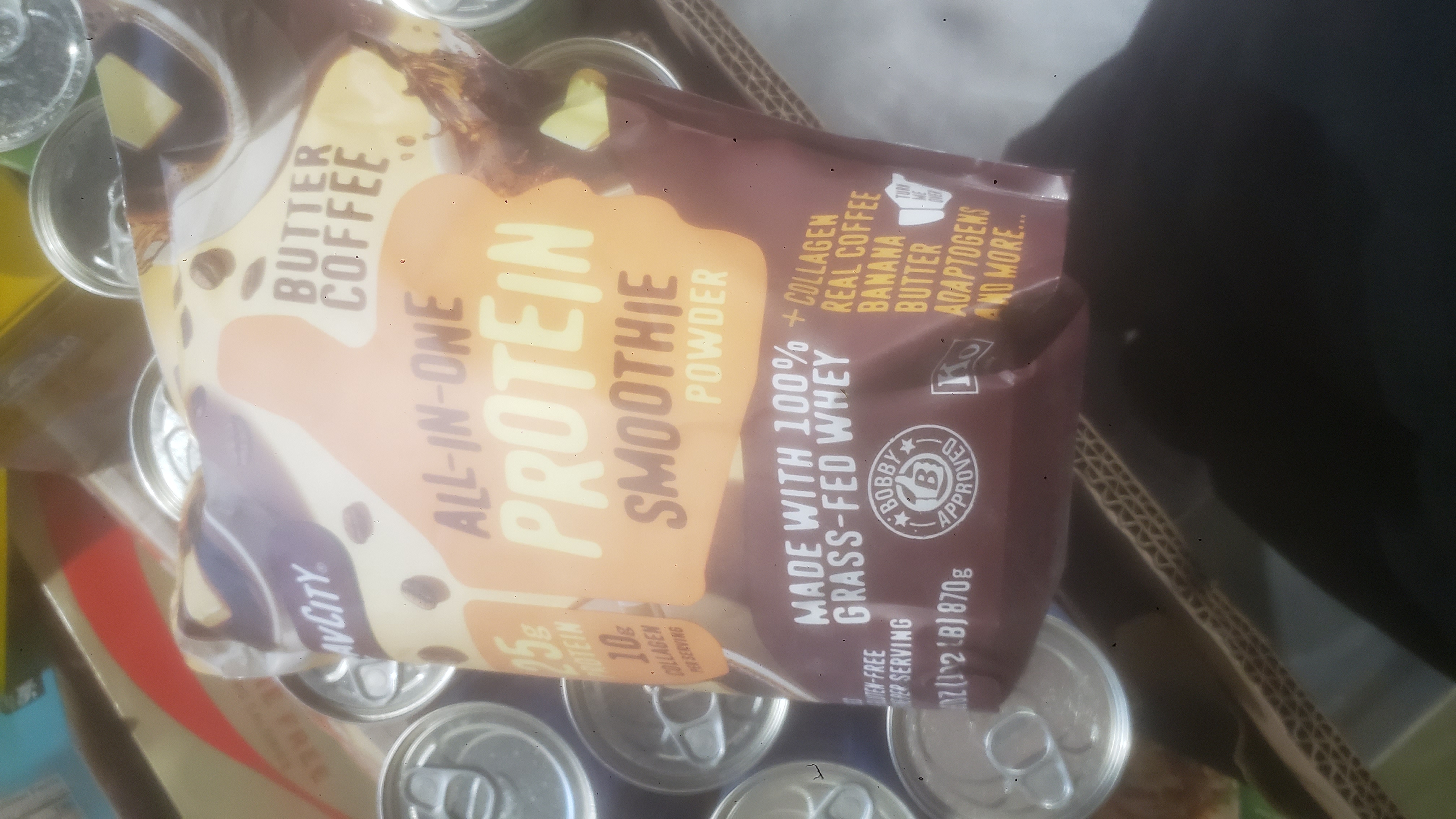 Bag of butter coffee protein smoothie powder.